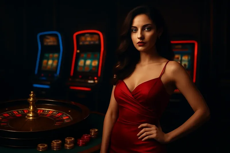 Luxury Casino Banner Bangladesh casino homepage banner with woman in red dress, roulette and slots