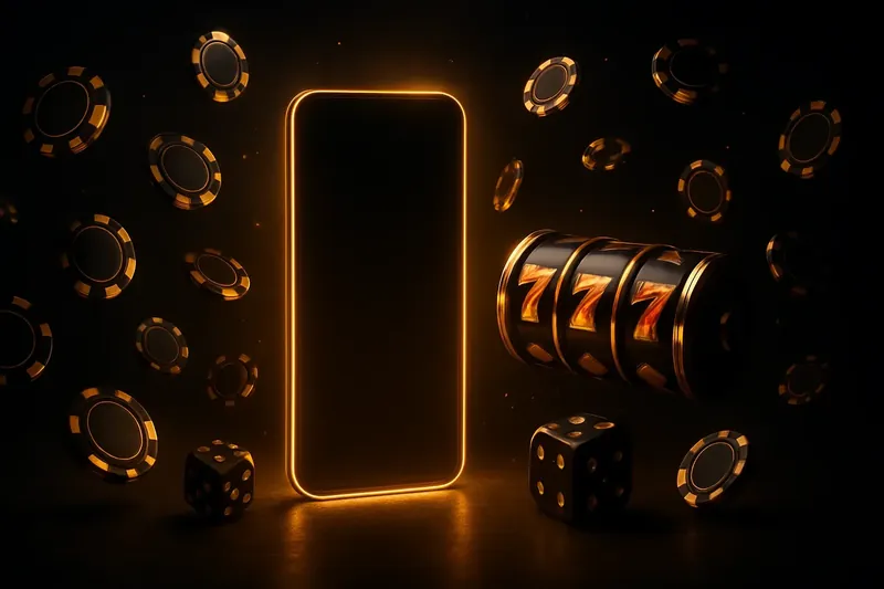 Mobile Casino Promo Glowing smartphone with floating casino chips, slot reels, and dice